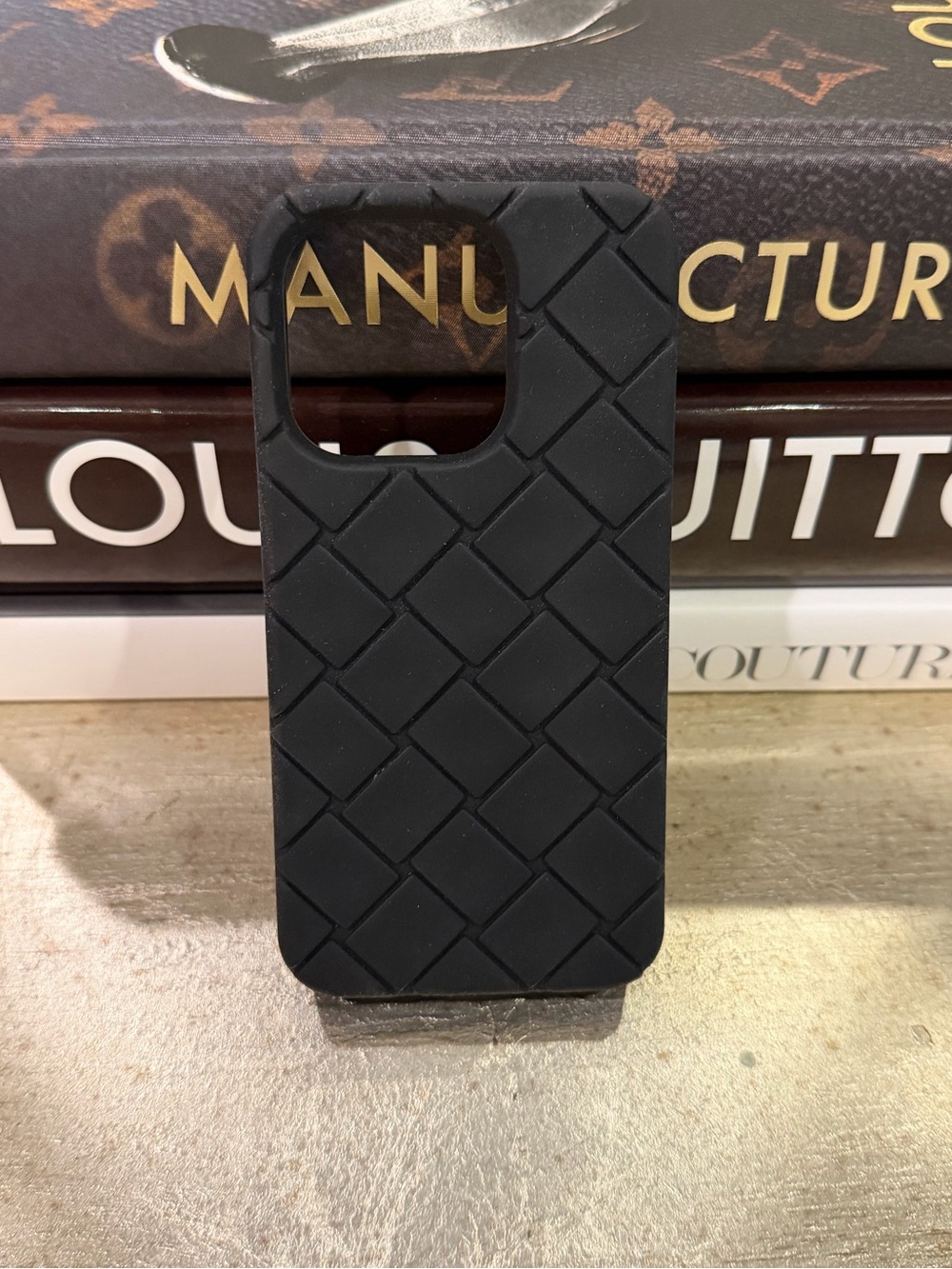 Bottega Veneta Black Woven-Texture Phone Case NEW